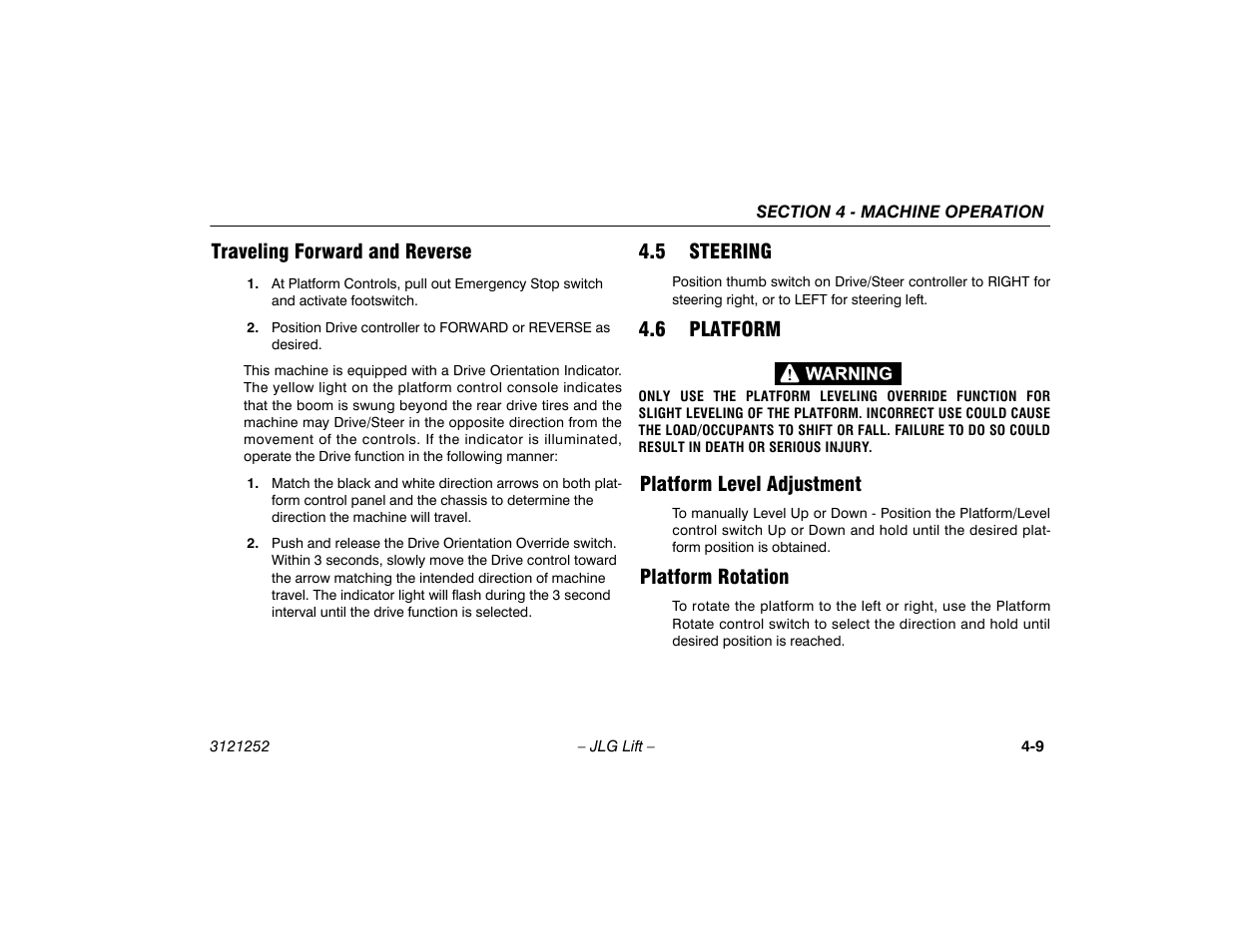 Traveling forward and reverse, 5 steering, 6 platform | Platform level adjustment, Platform rotation, Traveling forward and reverse -9, 5 steering -9 4.6 platform -9, Platform level adjustment -9 platform rotation -9 | JLG E300 Operator Manual User Manual | Page 53 / 92