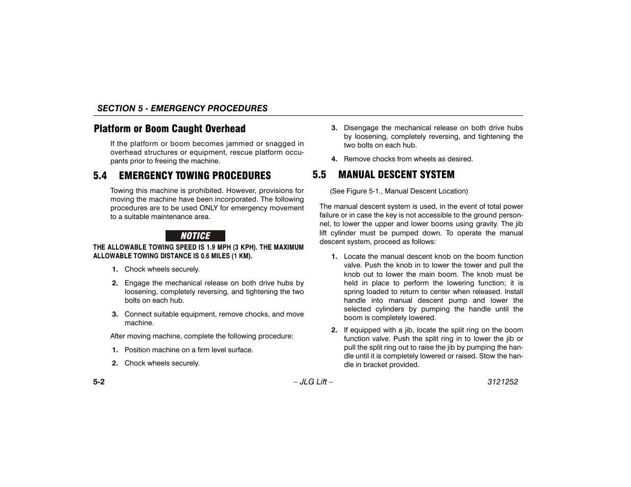 Platform or boom caught overhead, 4 emergency towing procedures, 5 manual descent system | Platform or boom caught overhead -2 | JLG E300 Operator Manual User Manual | Page 68 / 92