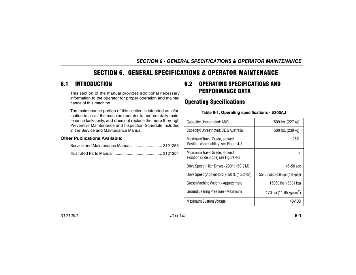 1 introduction, 2 operating specifications and performance data, Operating specifications | Data -1, Operating specifications -1, Operating specifications - e300aj -1 | JLG E300 Operator Manual User Manual | Page 71 / 92