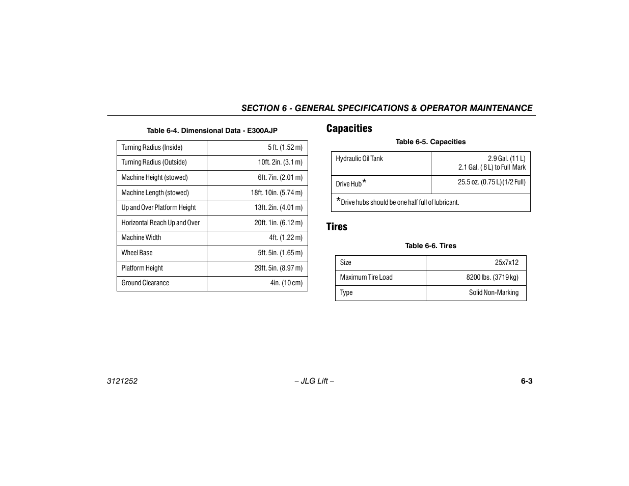 Capacities, Tires, Capacities -3 tires -3 | Dimensional data - e300ajp -3, Capacities -3, Tires -3, Capacities tires | JLG E300 Operator Manual User Manual | Page 73 / 92