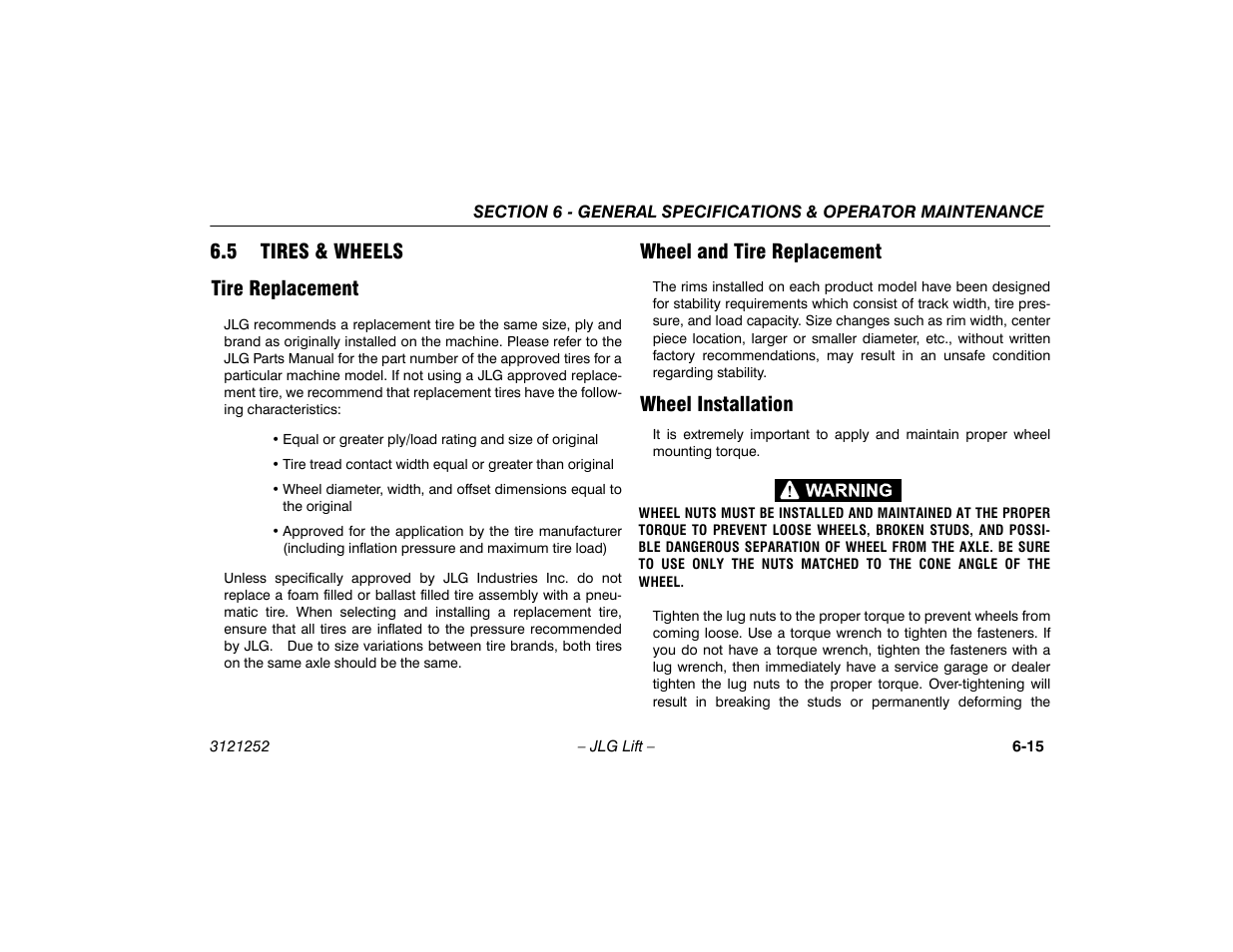 5 tires & wheels, Tire replacement, Wheel and tire replacement | Wheel installation, 5 tires & wheels -15, 5 tires & wheels tire replacement | JLG E300 Operator Manual User Manual | Page 85 / 92