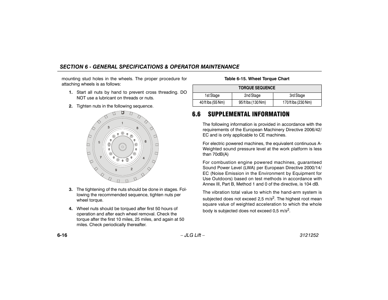6 supplemental information, 6 supplemental information -16, 15 wheel torque chart -16 | JLG E300 Operator Manual User Manual | Page 86 / 92