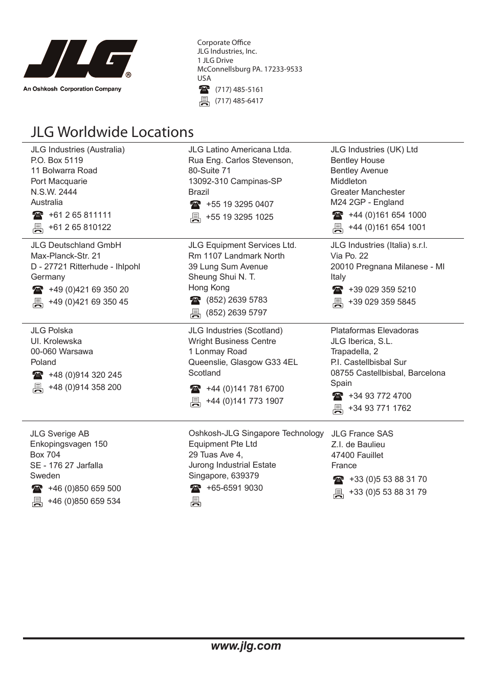 Jlg worldwide locations | JLG X14JH Operator Manual User Manual | Page 108 / 108