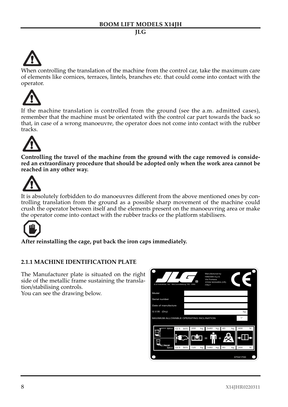 JLG X14JH Operator Manual User Manual | Page 11 / 108