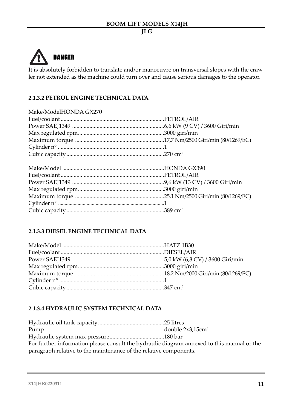 Pericolo | JLG X14JH Operator Manual User Manual | Page 14 / 108