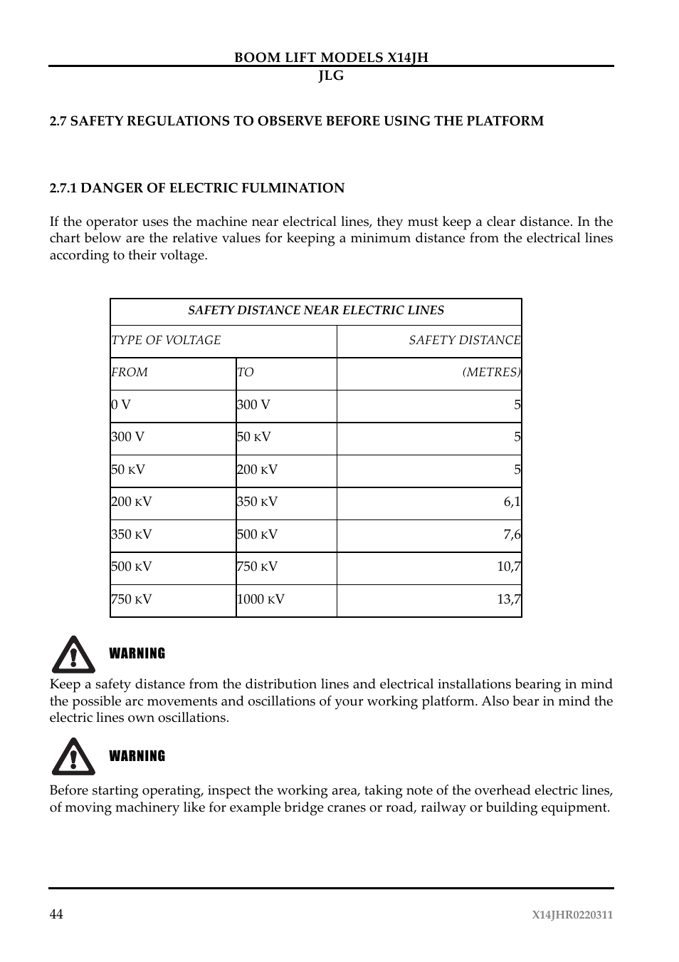 Attenzione | JLG X14JH Operator Manual User Manual | Page 47 / 108