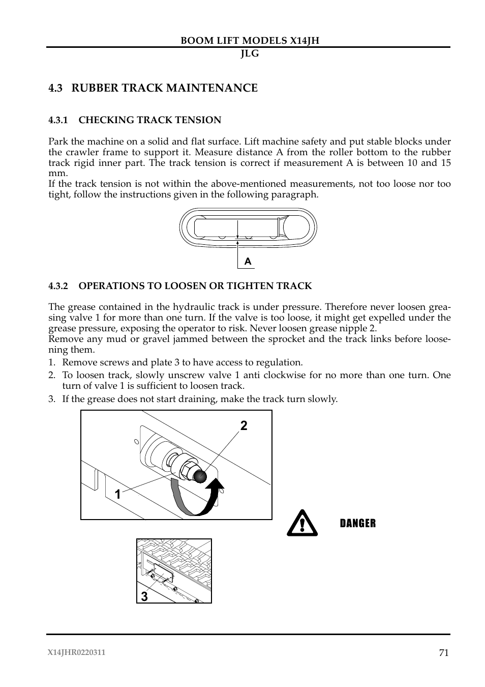 3 rubber track maintenance, Pericolo | JLG X14JH Operator Manual User Manual | Page 74 / 108