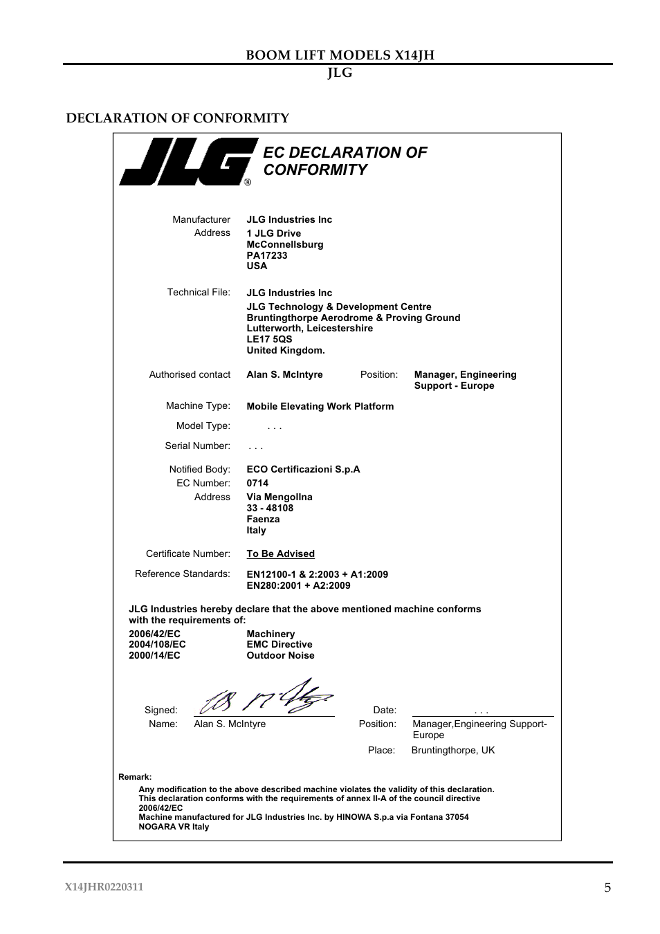Ec declaration of conformity | JLG X14JH Operator Manual User Manual | Page 8 / 108