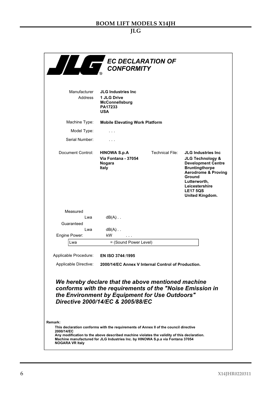 Ec declaration of conformity, Boom lift models x14jh jlg 6 | JLG X14JH Operator Manual User Manual | Page 9 / 108