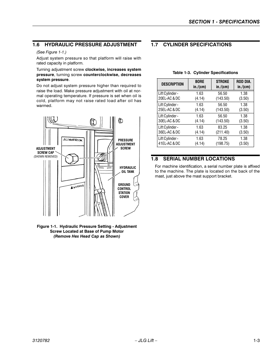 6 hydraulic pressure adjustment, 7 cylinder specifications, 8 serial number locations | Hydraulic pressure adjustment -3, Cylinder specifications -3, Serial number locations -3 | JLG 41EL Service Manual User Manual | Page 15 / 64