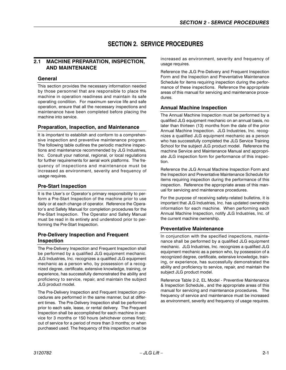 Section 2. service procedures, 1 machine preparation, inspection, and maintenance, General | Preparation, inspection, and maintenance, Pre-start inspection, Pre-delivery inspection and frequent inspection, Annual machine inspection, Preventative maintenance, Section 2 - service procedures | JLG 41EL Service Manual User Manual | Page 19 / 64