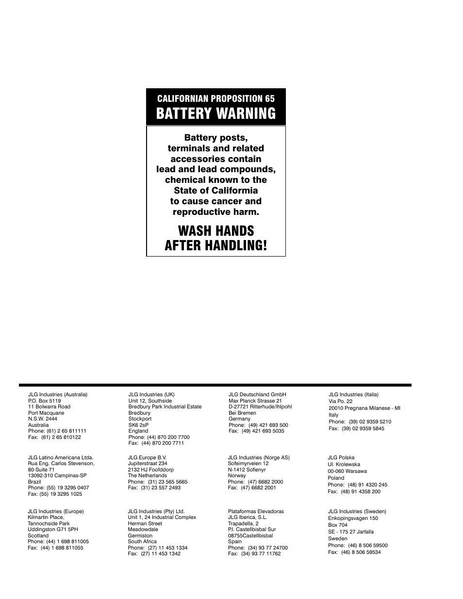 Battery warning battery, Wash hands after handling | JLG 41EL Service Manual User Manual | Page 2 / 64