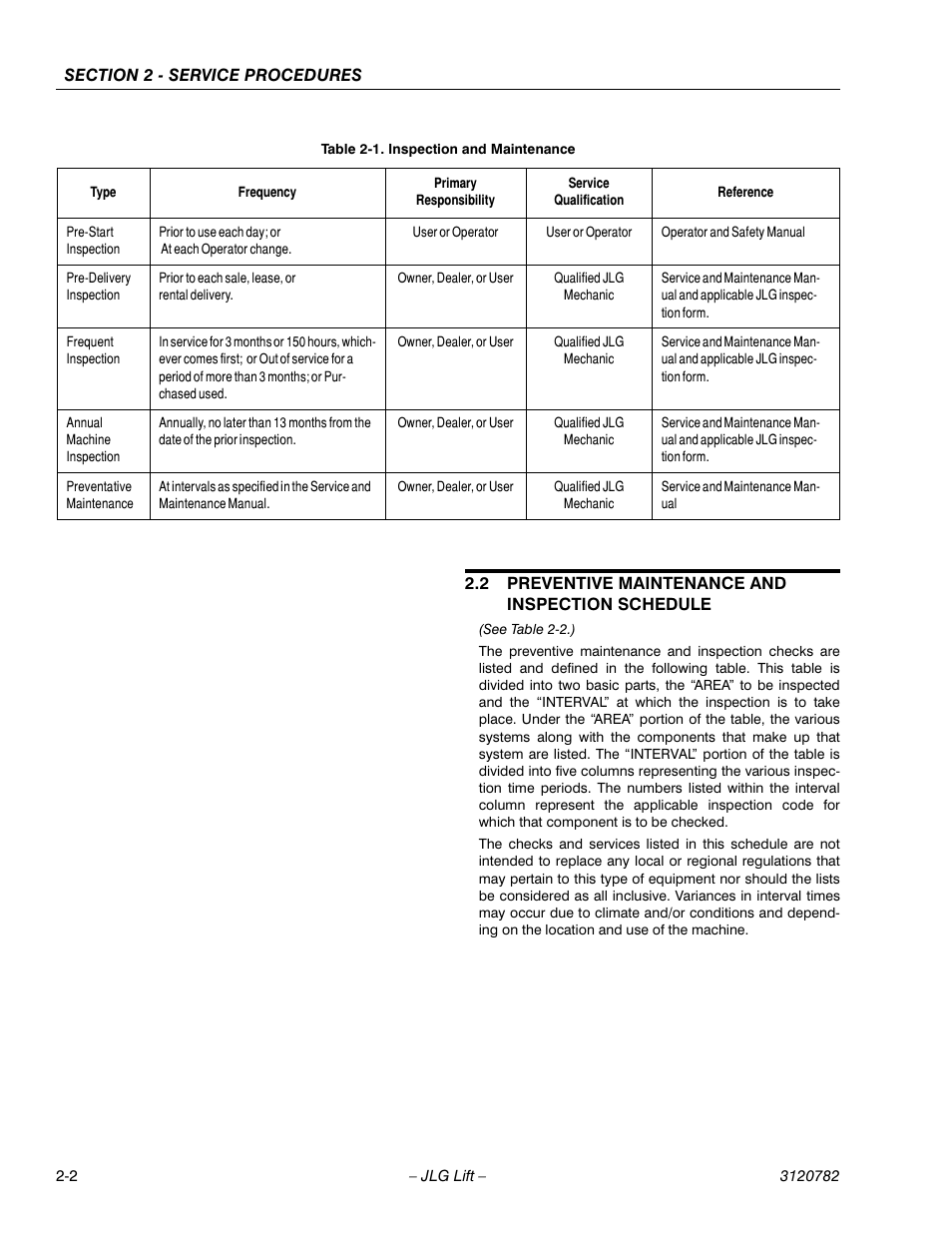 2 preventive maintenance and inspection schedule, Preventive maintenance and inspection schedule -2, Inspection and maintenance -2 | JLG 41EL Service Manual User Manual | Page 20 / 64