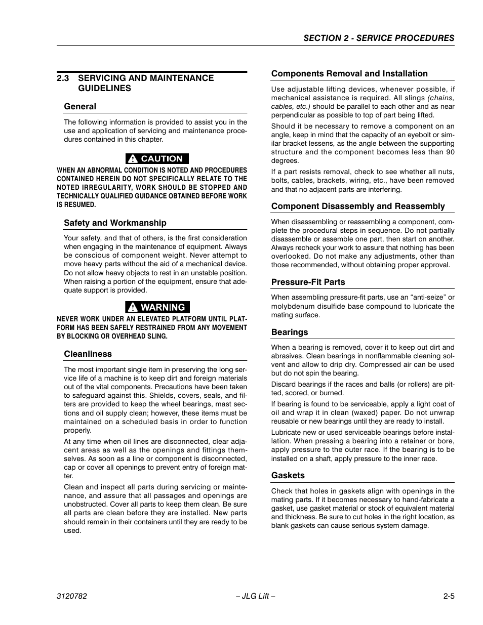 3 servicing and maintenance guidelines, General, Safety and workmanship | Cleanliness, Components removal and installation, Component disassembly and reassembly, Pressure-fit parts, Bearings, Gaskets, Servicing and maintenance guidelines -5 | JLG 41EL Service Manual User Manual | Page 23 / 64