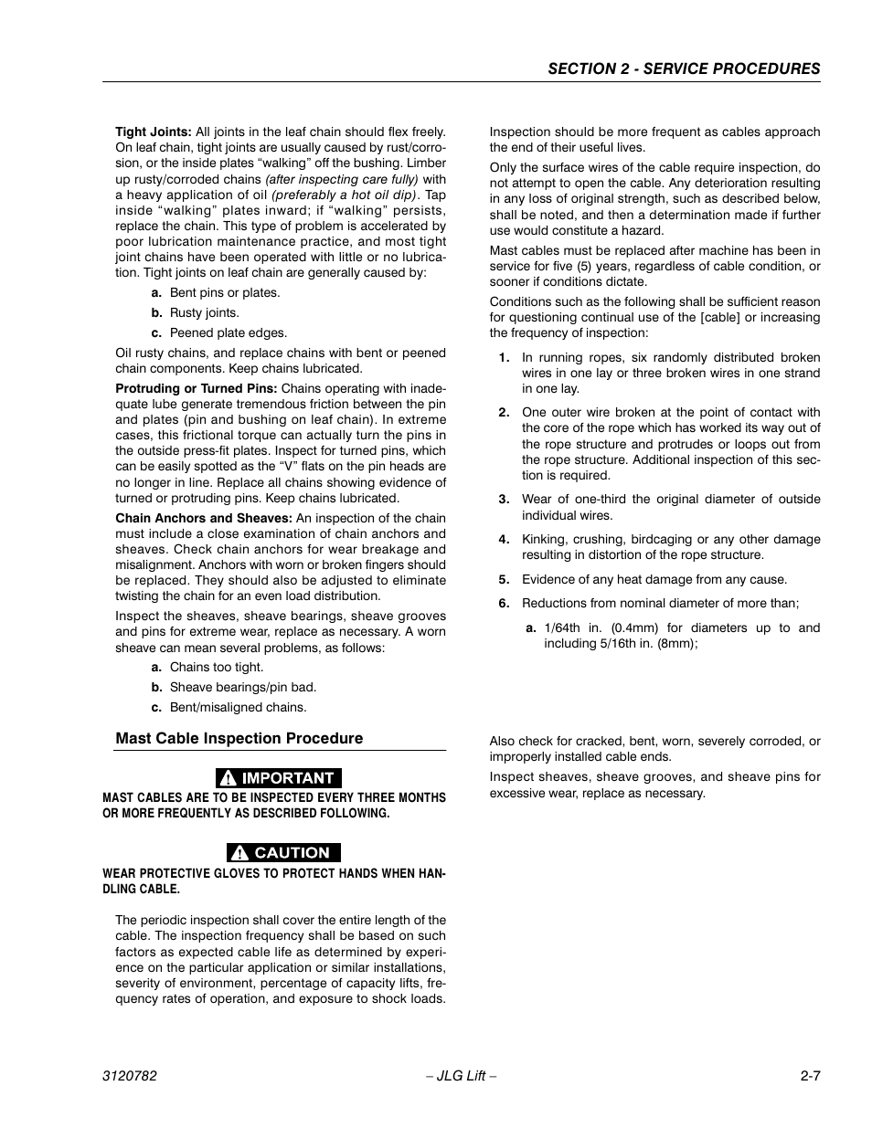 Mast cable inspection procedure, Mast cable inspection procedure -7 | JLG 41EL Service Manual User Manual | Page 25 / 64