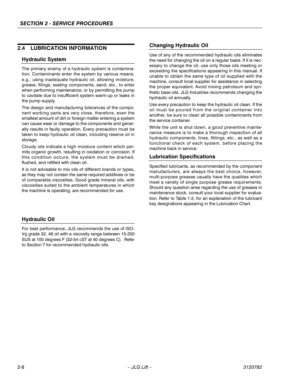 4 lubrication information, Hydraulic system, Hydraulic oil | Changing hydraulic oil, Lubrication specifications, Lubrication information -8 | JLG 41EL Service Manual User Manual | Page 26 / 64