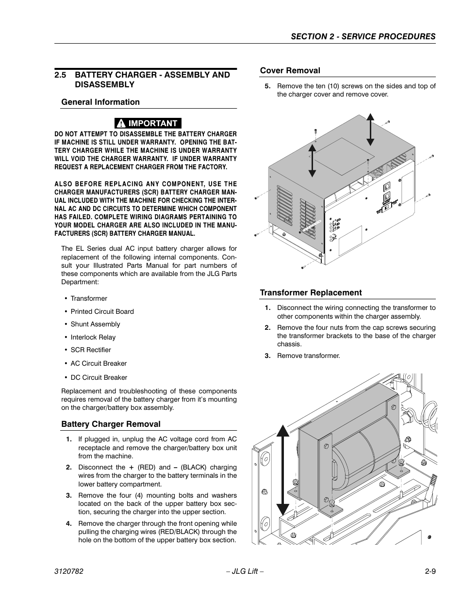 5 battery charger - assembly and disassembly, General information, Battery charger removal | Cover removal, Transformer replacement, Battery charger - assembly and disassembly -9 | JLG 41EL Service Manual User Manual | Page 27 / 64