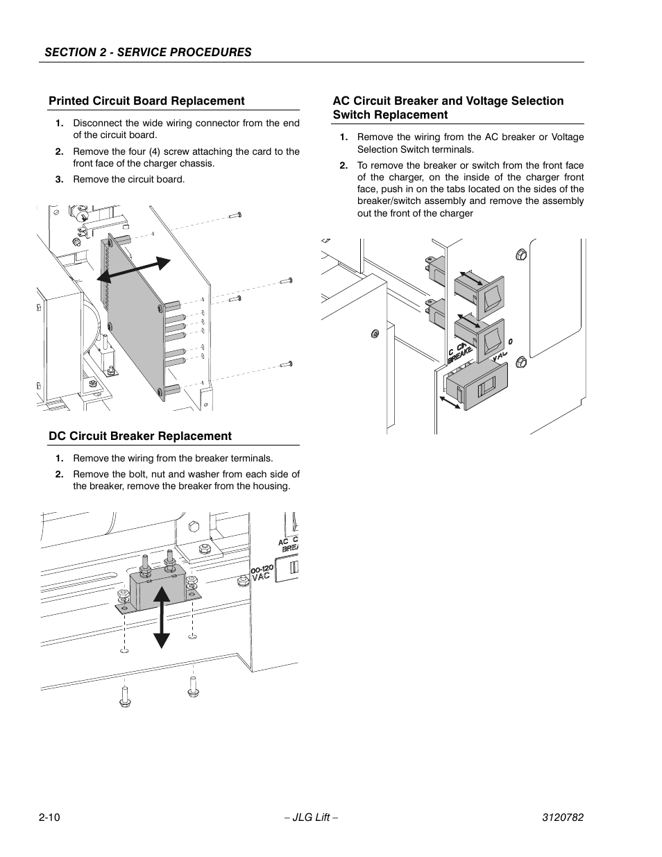 Printed circuit board replacement, Dc circuit breaker replacement | JLG 41EL Service Manual User Manual | Page 28 / 64