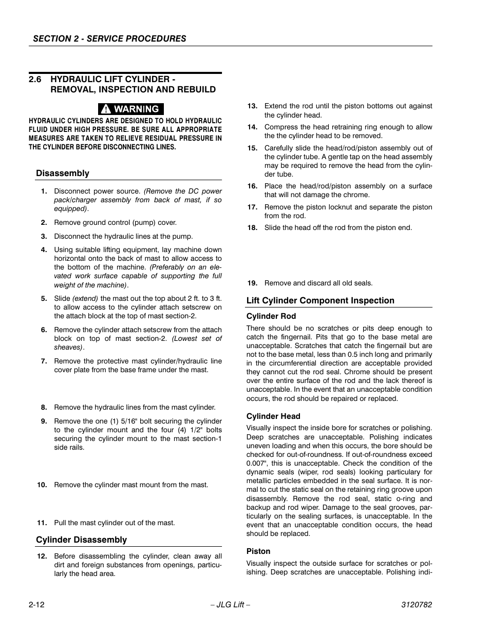 Disassembly, Cylinder disassembly, Lift cylinder component inspection | JLG 41EL Service Manual User Manual | Page 30 / 64