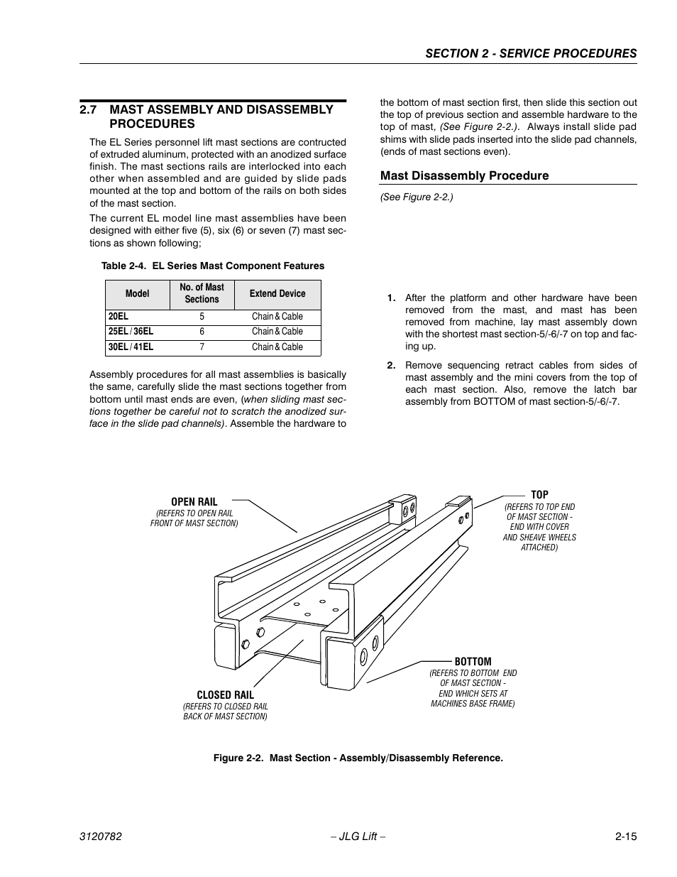 7 mast assembly and disassembly procedures, Mast disassembly procedure, Mast assembly and disassembly procedures -15 | Mast disassembly procedure -15, Mast section - assembly/disassembly reference -15, El series mast component features -15 | JLG 41EL Service Manual User Manual | Page 33 / 64