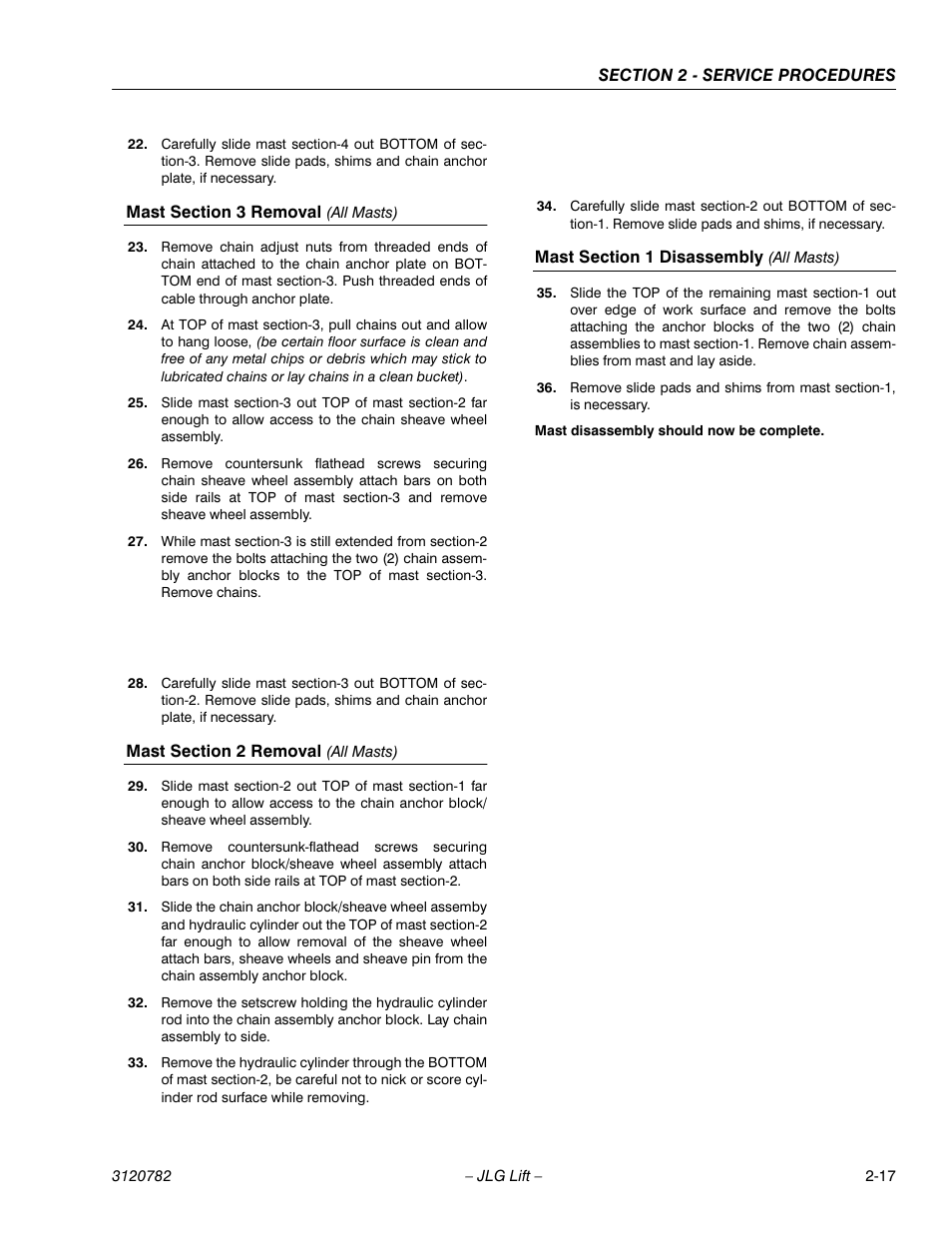 Mast section 3 removal (all masts), Mast section 2 removal (all masts), Mast section 1 disassembly (all masts) | JLG 41EL Service Manual User Manual | Page 35 / 64