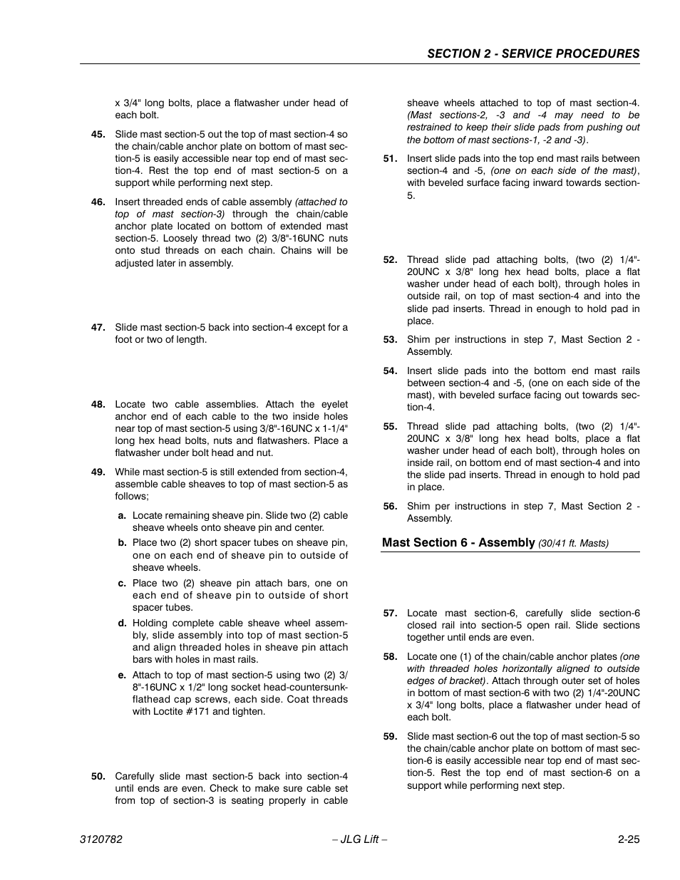 Mast section 6 - assembly (30/41 ft. masts), Mast section 6 - assembly (30/41 ft. masts) -25 | JLG 41EL Service Manual User Manual | Page 43 / 64