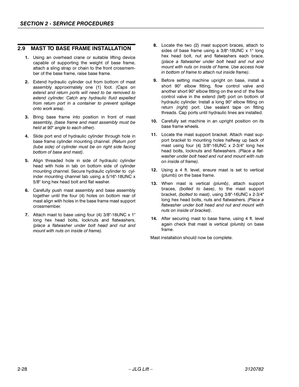 9 mast to base frame installation, Mast to base frame installation -28 | JLG 41EL Service Manual User Manual | Page 46 / 64
