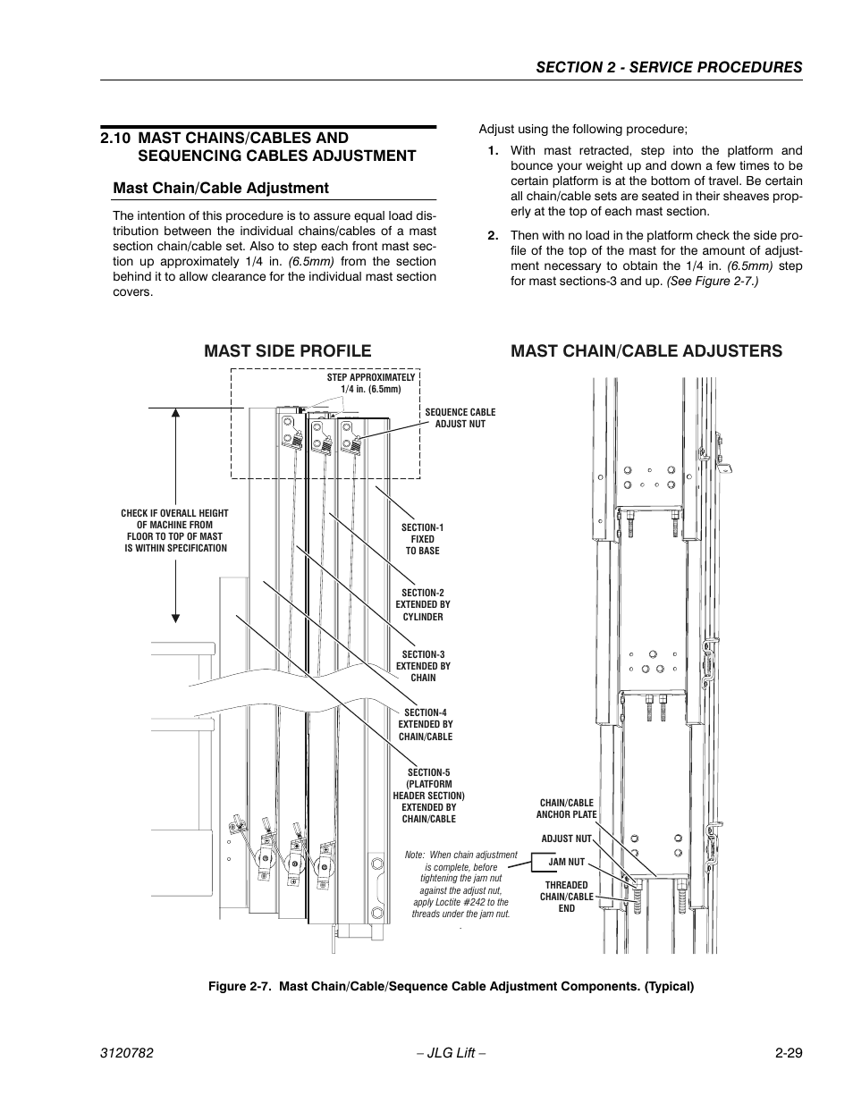 Mast chain/cable adjustment, Mast chain/cable adjustment -29, Mast side profile mast chain/cable adjusters | JLG 41EL Service Manual User Manual | Page 47 / 64