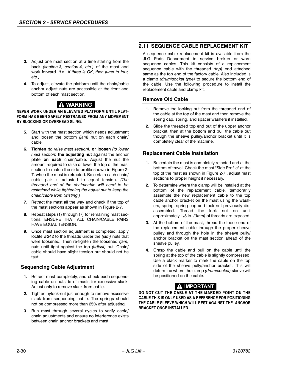 Sequencing cable adjustment, 11 sequence cable replacement kit, Remove old cable | Replacement cable installation, Sequencing cable adjustment -30, 11 sequence cable replacement kit -30 | JLG 41EL Service Manual User Manual | Page 48 / 64