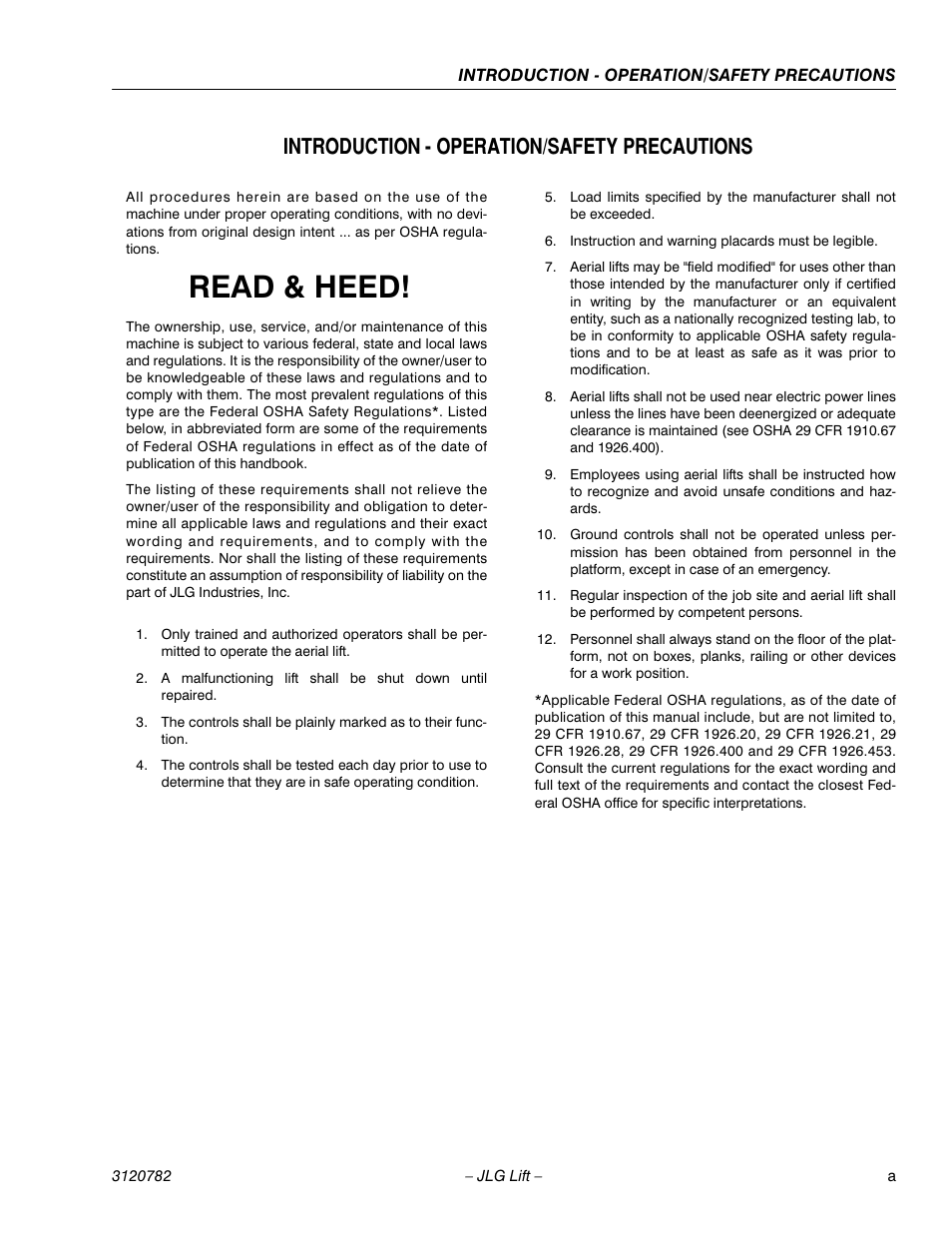 Introduction - operation/safety precautions, Read & heed | JLG 41EL Service Manual User Manual | Page 5 / 64