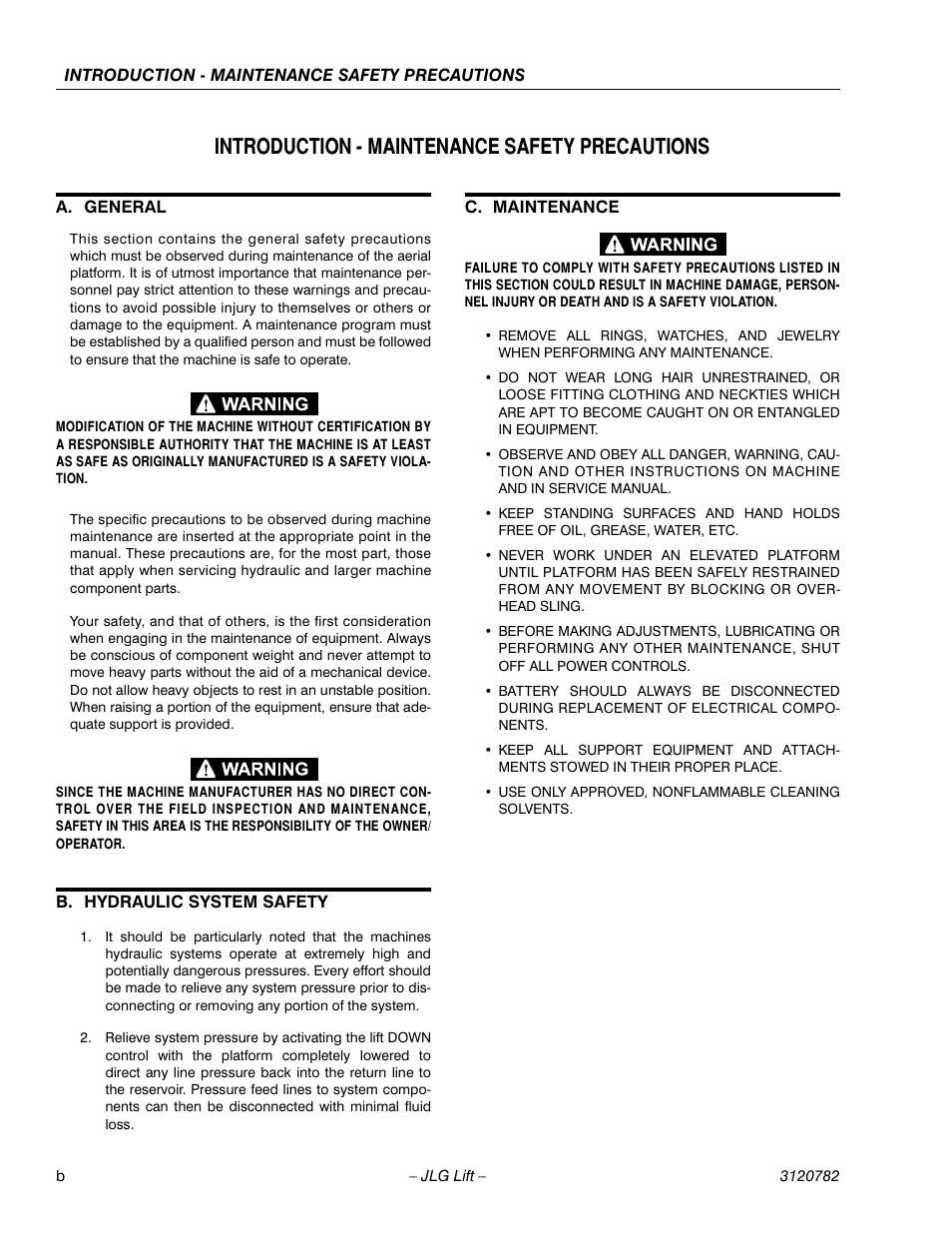 Introduction - maintenance safety precautions, A. general, B. hydraulic system safety | C. maintenance | JLG 41EL Service Manual User Manual | Page 6 / 64