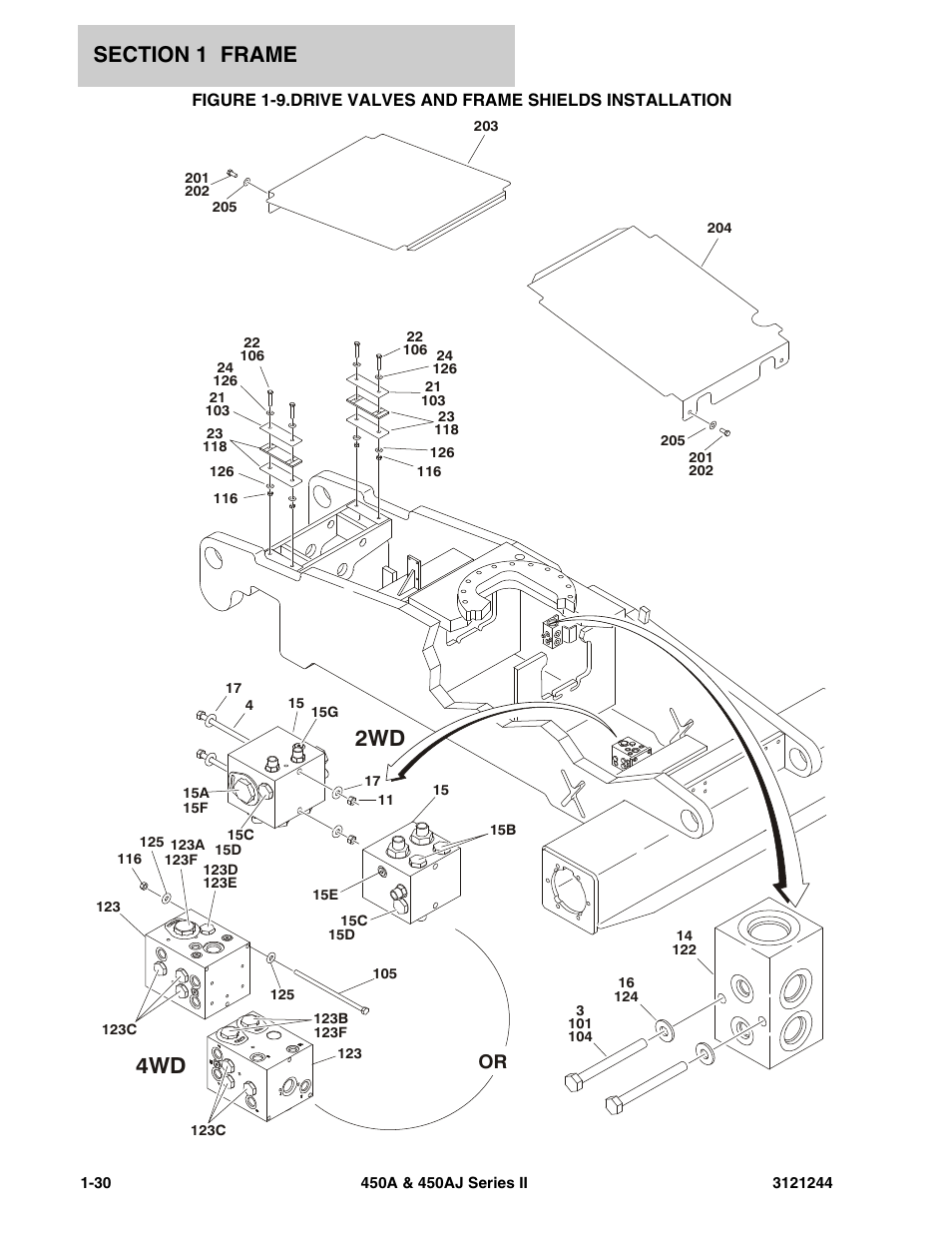 Drive valves and frame shields installation -30, 4wd 2wd | JLG 450A_AJ Series II Parts Manual User Manual | Page 38 / 440