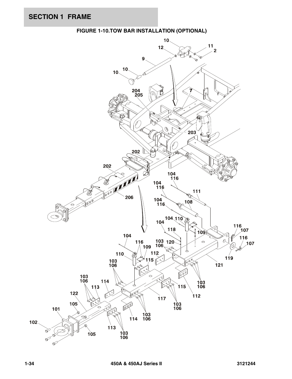 Figure 1-10. tow bar installation (optional), Tow bar installation (optional) -34 | JLG 450A_AJ Series II Parts Manual User Manual | Page 42 / 440