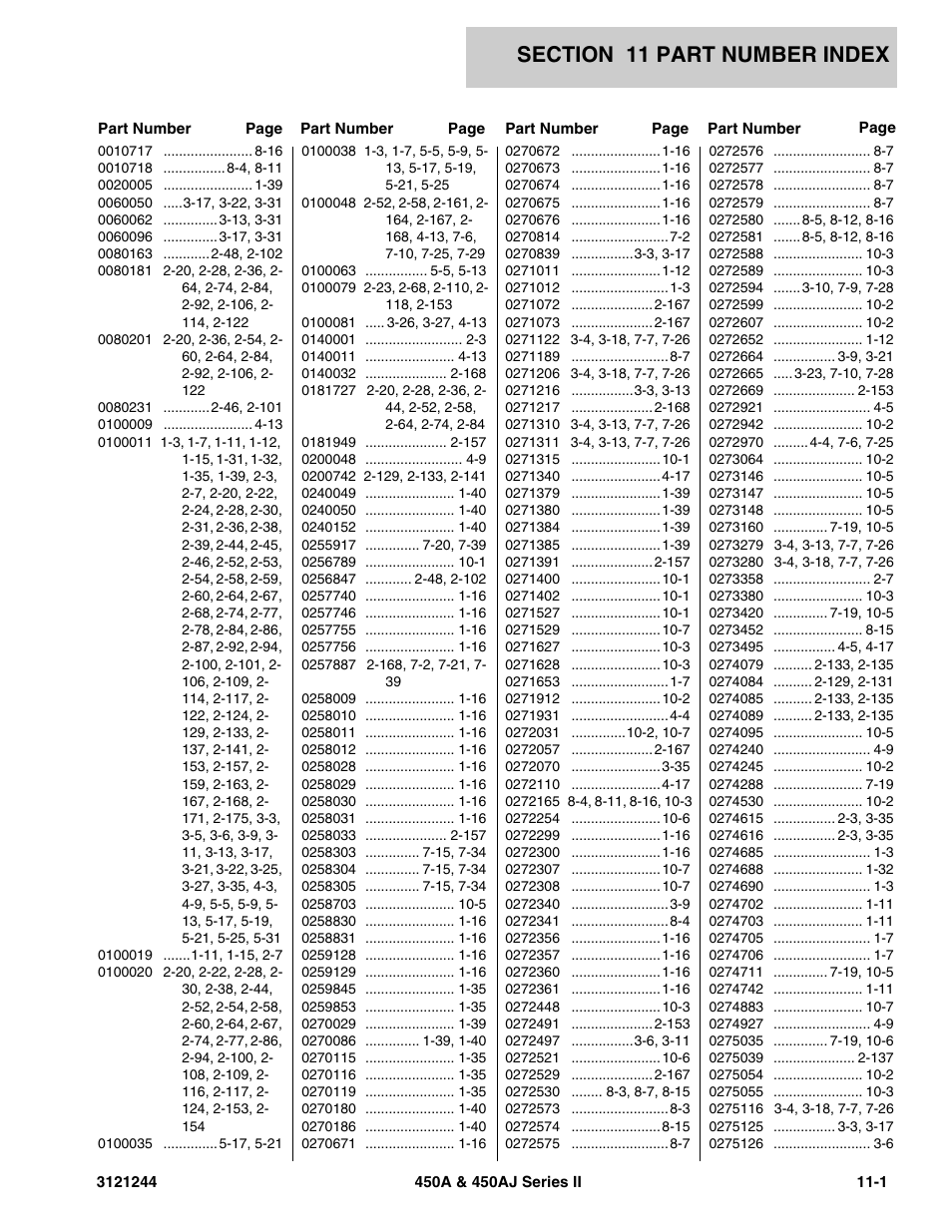 Section 11 part number index, 11 - part number index -1 | JLG 450A_AJ Series II Parts Manual User Manual | Page 421 / 440