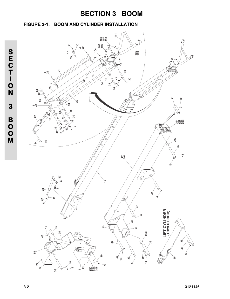 Figure 3-1. boom and cylinder installation | JLG 740AJ Parts Manual User Manual | Page 82 / 166