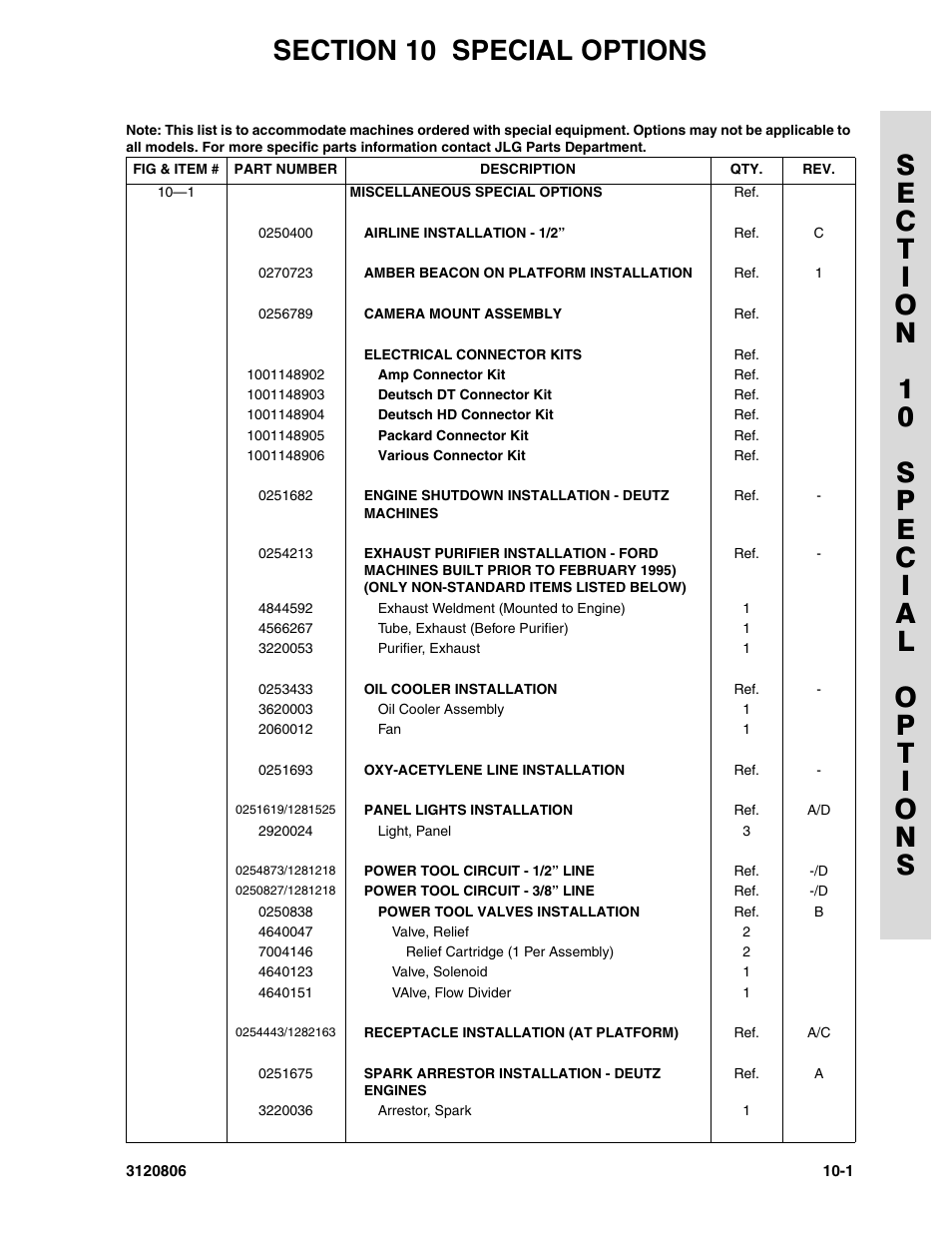Section 10 special options, 10 - special options -10 | JLG 60HA Parts Manual User Manual | Page 303 / 306