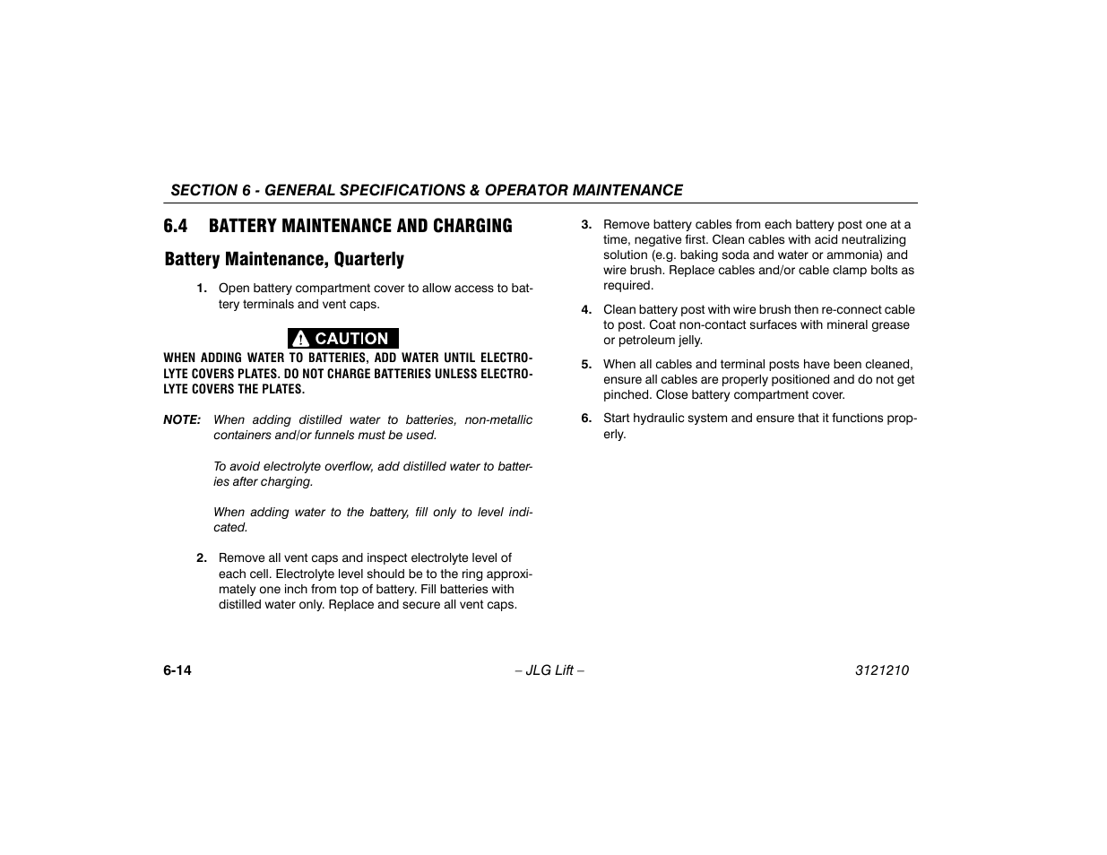 4 battery maintenance and charging, Battery maintenance, quarterly, 4 battery maintenance and charging -14 | Battery maintenance, quarterly -14 | JLG M450 Operator Manual User Manual | Page 104 / 116