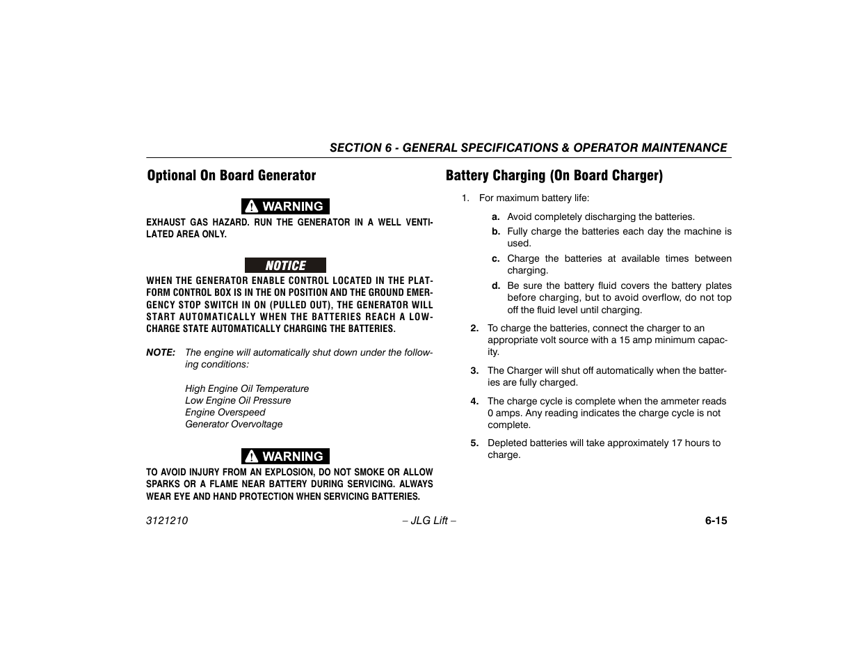 Optional on board generator, Battery charging (on board charger) | JLG M450 Operator Manual User Manual | Page 105 / 116
