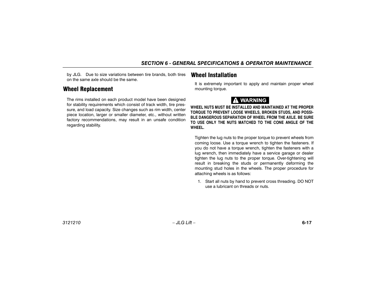 Wheel replacement, Wheel installation, Wheel replacement -17 wheel installation -17 | JLG M450 Operator Manual User Manual | Page 107 / 116