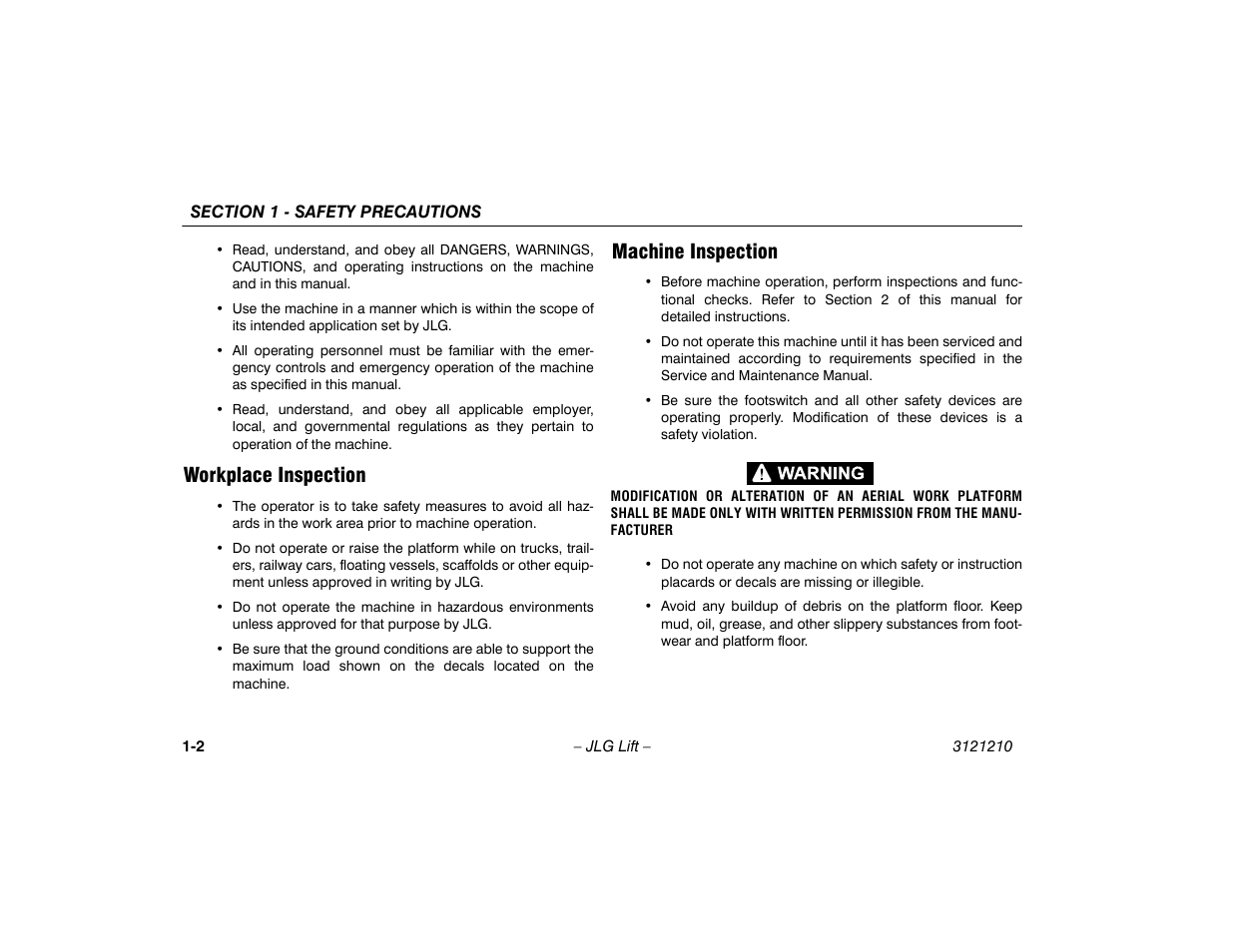 Workplace inspection, Machine inspection, Workplace inspection -2 machine inspection -2 | JLG M450 Operator Manual User Manual | Page 12 / 116