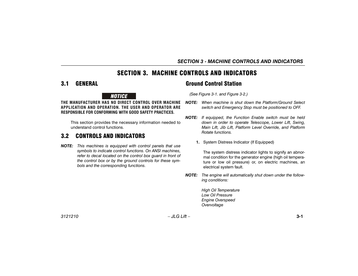 Section 3. machine controls and indicators, 1 general, 2 controls and indicators | Ground control station, Section - 3 - machine controls and indicators, 1 general -1 3.2 controls and indicators -1, Ground control station -1 | JLG M450 Operator Manual User Manual | Page 31 / 116