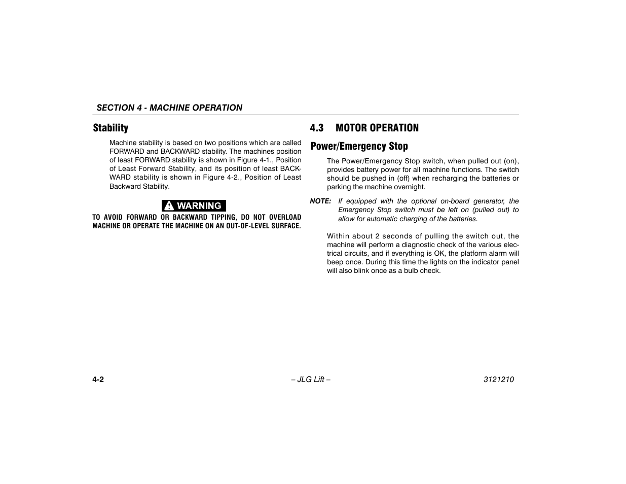 Stability, 3 motor operation, Power/emergency stop | Stability -2, 3 motor operation -2, Power/emergency stop -2 | JLG M450 Operator Manual User Manual | Page 48 / 116