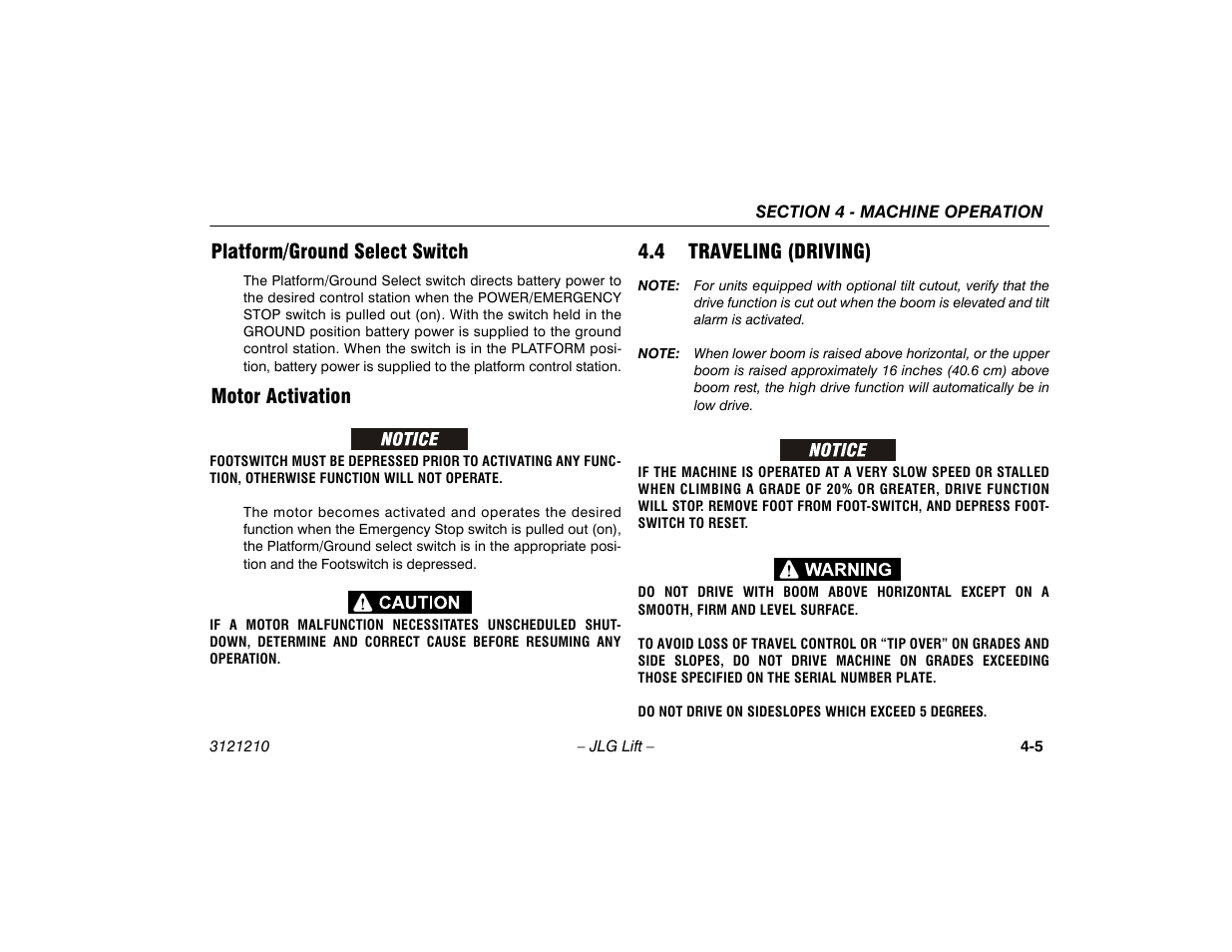Platform/ground select switch, Motor activation, 4 traveling (driving) | 4 traveling (driving) -5 | JLG M450 Operator Manual User Manual | Page 51 / 116