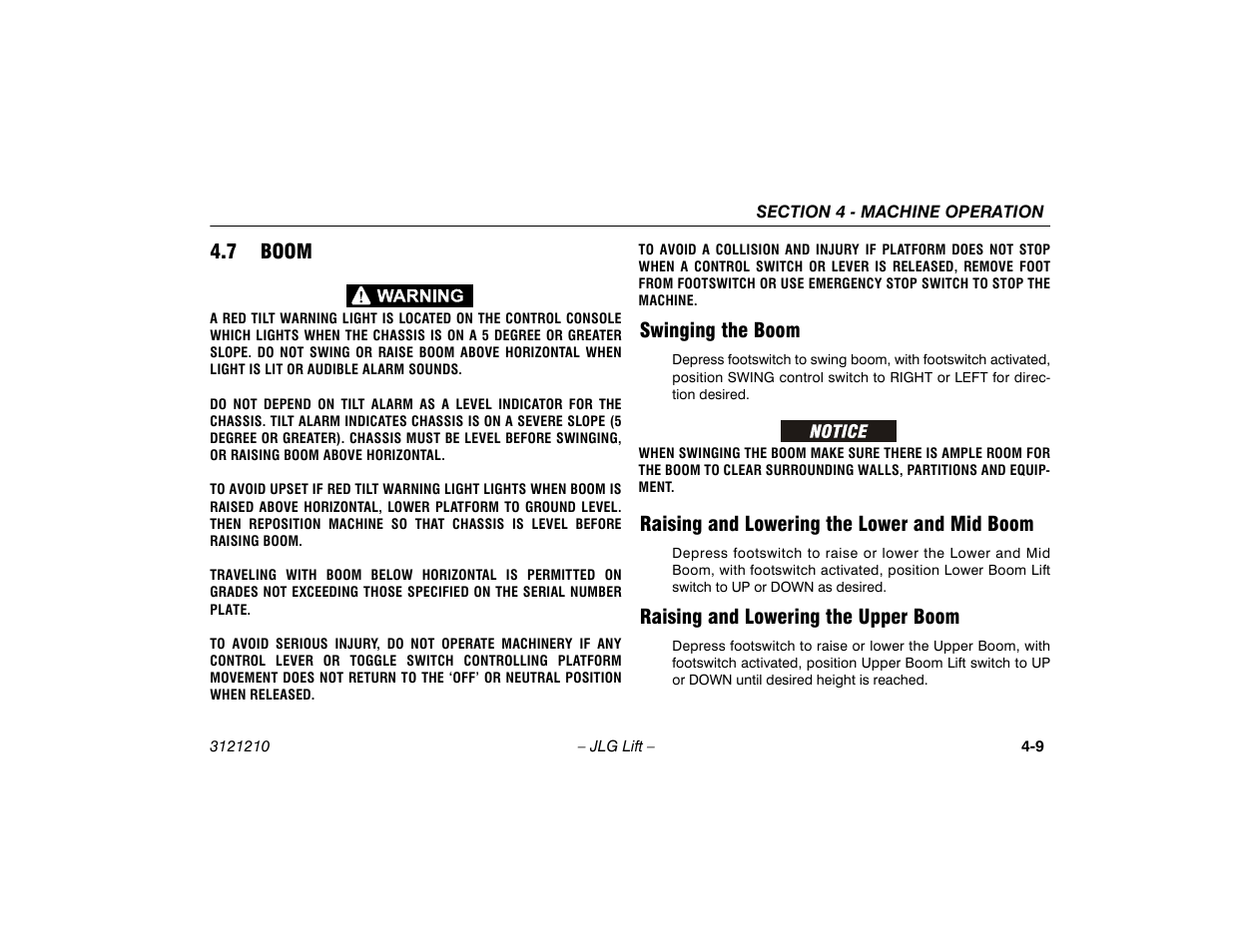 7 boom, Swinging the boom, Raising and lowering the lower and mid boom | Raising and lowering the upper boom, 7 boom -9 | JLG M450 Operator Manual User Manual | Page 55 / 116