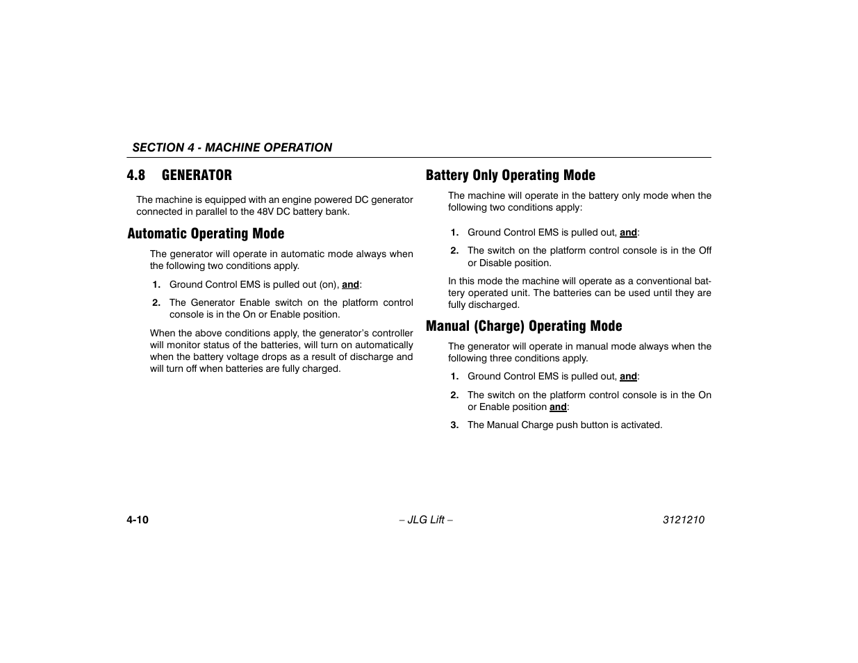 8 generator, Automatic operating mode, Battery only operating mode | Manual (charge) operating mode, 8 generator -10 | JLG M450 Operator Manual User Manual | Page 56 / 116