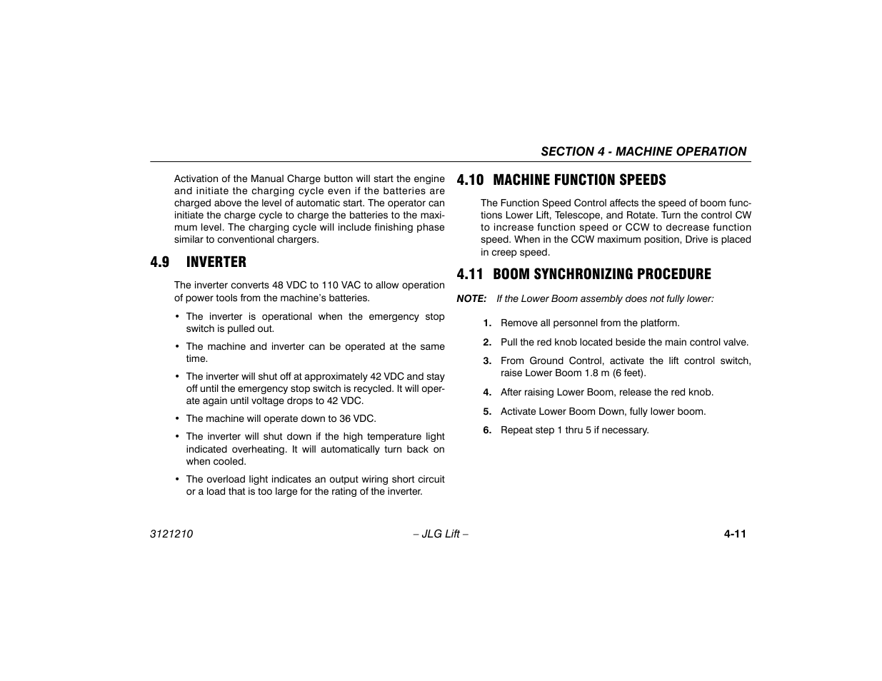 9 inverter, 10 machine function speeds, 11 boom synchronizing procedure | JLG M450 Operator Manual User Manual | Page 57 / 116