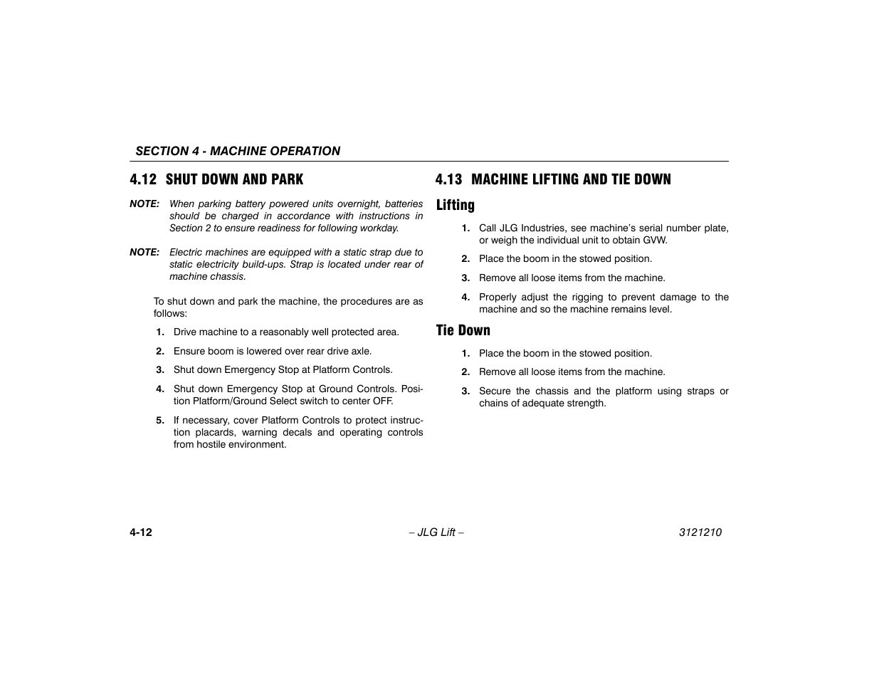 12 shut down and park, 13 machine lifting and tie down, Lifting | Tie down, Lifting -12 tie down -12, 13 machine lifting and tie down lifting | JLG M450 Operator Manual User Manual | Page 58 / 116