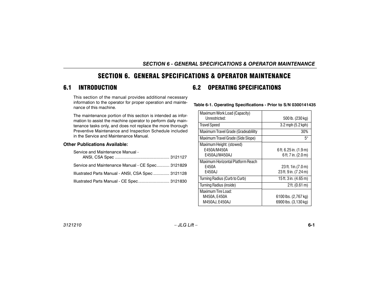 1 introduction, 2 operating specifications, 1 introduction -1 6.2 operating specifications -1 | JLG M450 Operator Manual User Manual | Page 91 / 116
