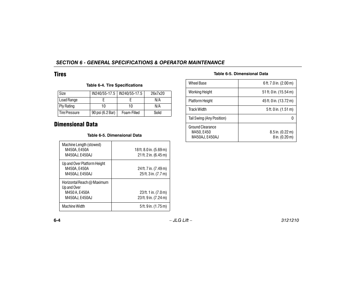 Tires, Dimensional data, Tires -4 dimensional data -4 | Tire specifications -4, Dimensional data -4, Tires dimensional data | JLG M450 Operator Manual User Manual | Page 94 / 116