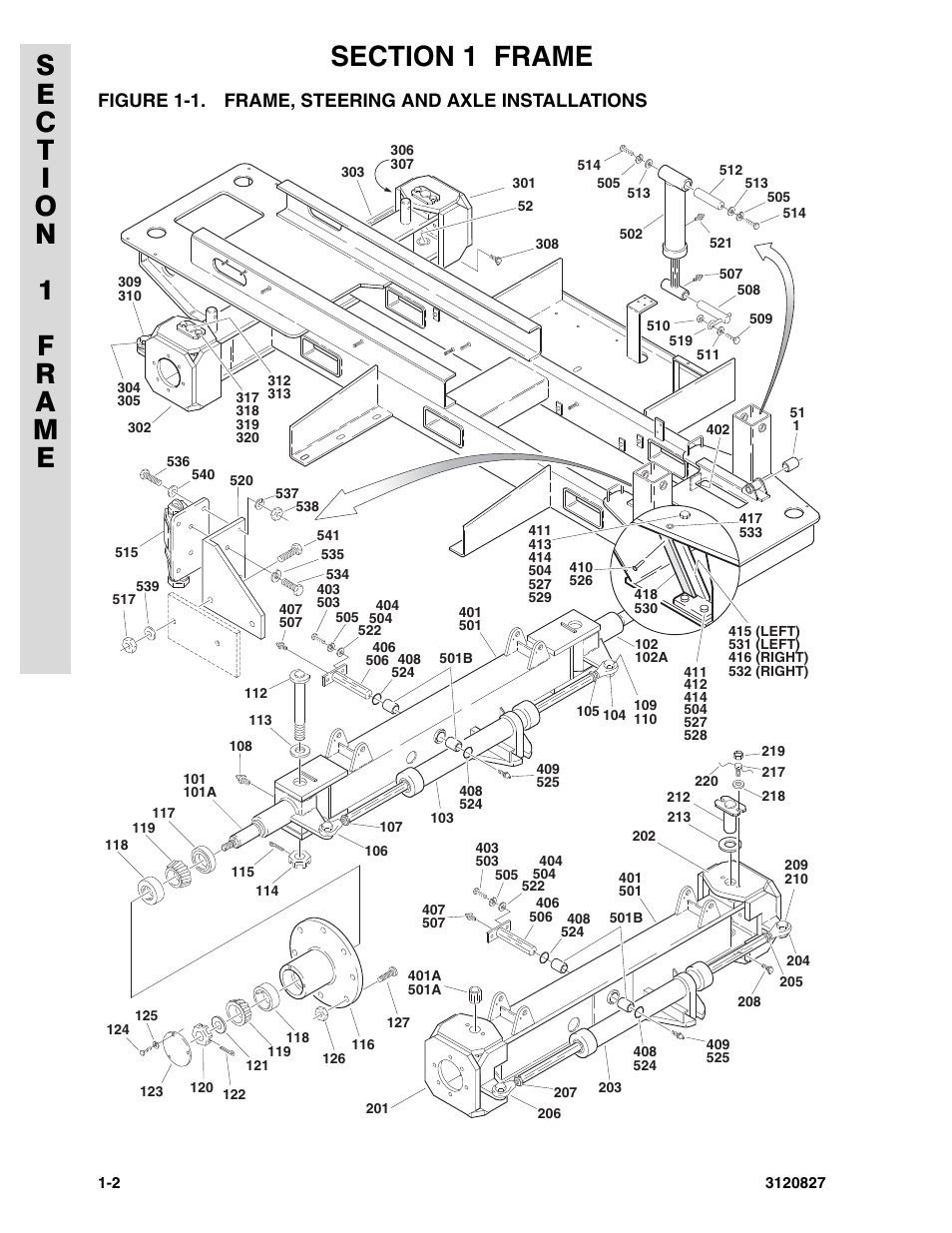 Figure 1-1. frame, steering and axle installations | JLG 40RTS Parts Manual User Manual | Page 8 / 214